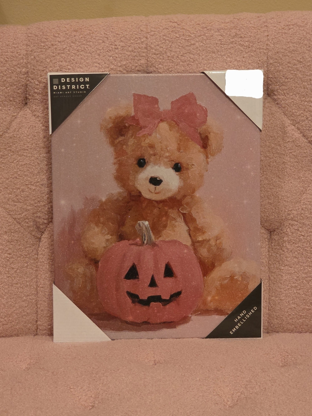 Halloween Teddy Bear with Pink Pumpkin Holiday Wall Art